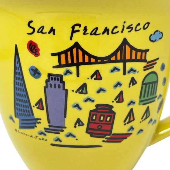 Luke A Tuke Mug San Francisco Yellow Ceramic Pedestal Red Interior 12 Oz - Picture 5 of 7